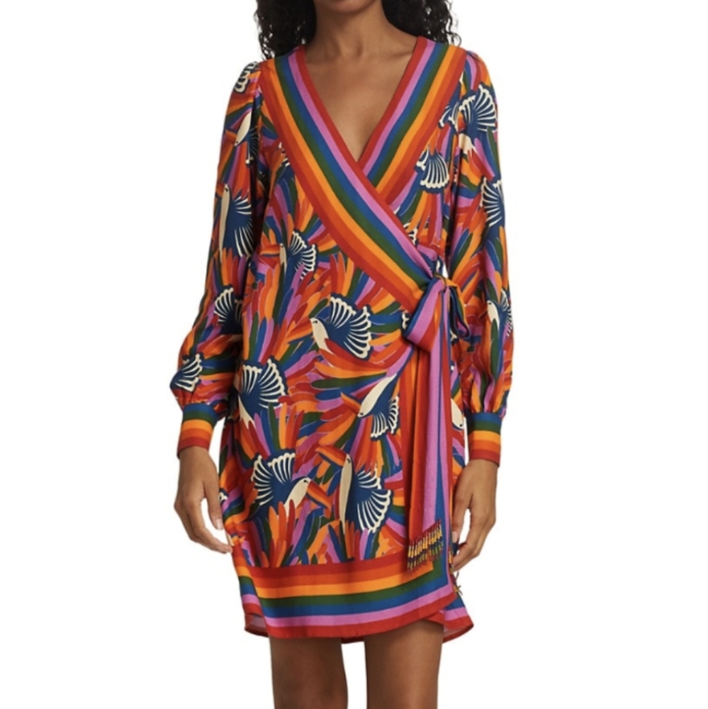 Farm Rio Rainbow Toucans Mini Wrap Dress XS
